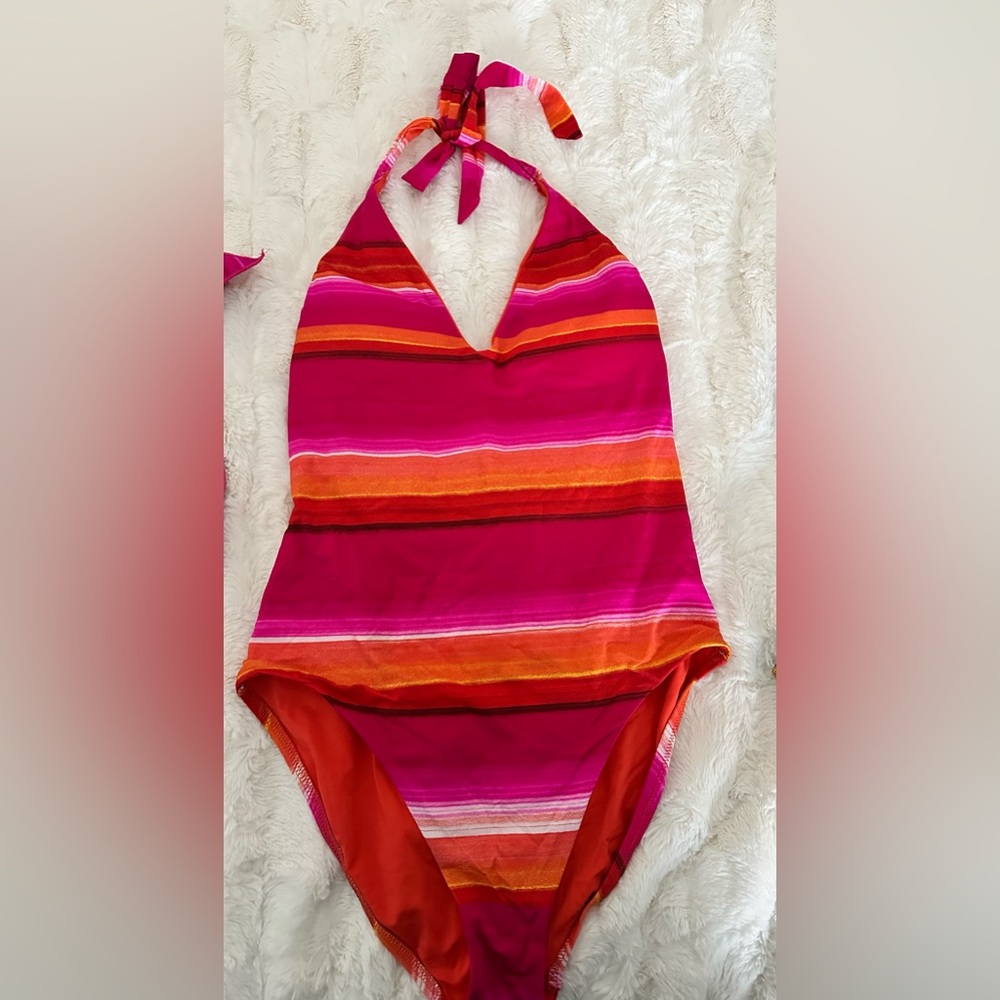 Trina Turk Soltice Stripe Plunge One-Piece (12) & Matching Sarong (small)